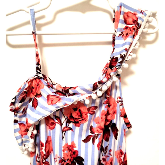 Blue White Striped Floral Assymetrical Off Shoulder HiLo Skirted Romper Size 4T - Picture 2 of 10